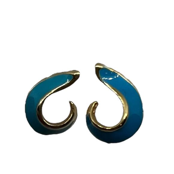 Wave Design Gold & Turquoise Enamel Huggie Earrings, Vintage Statement Hoops - Picture 5 of 8